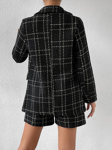Plaid Pattern Double Breasted Blazer & Shorts