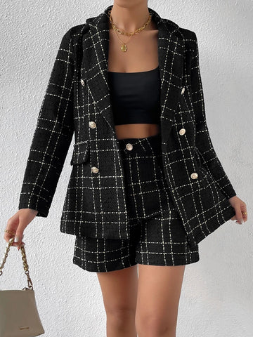 Plaid Pattern Double Breasted Blazer & Shorts