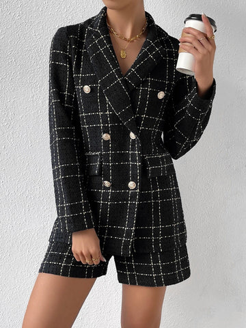 Plaid Pattern Double Breasted Blazer & Shorts