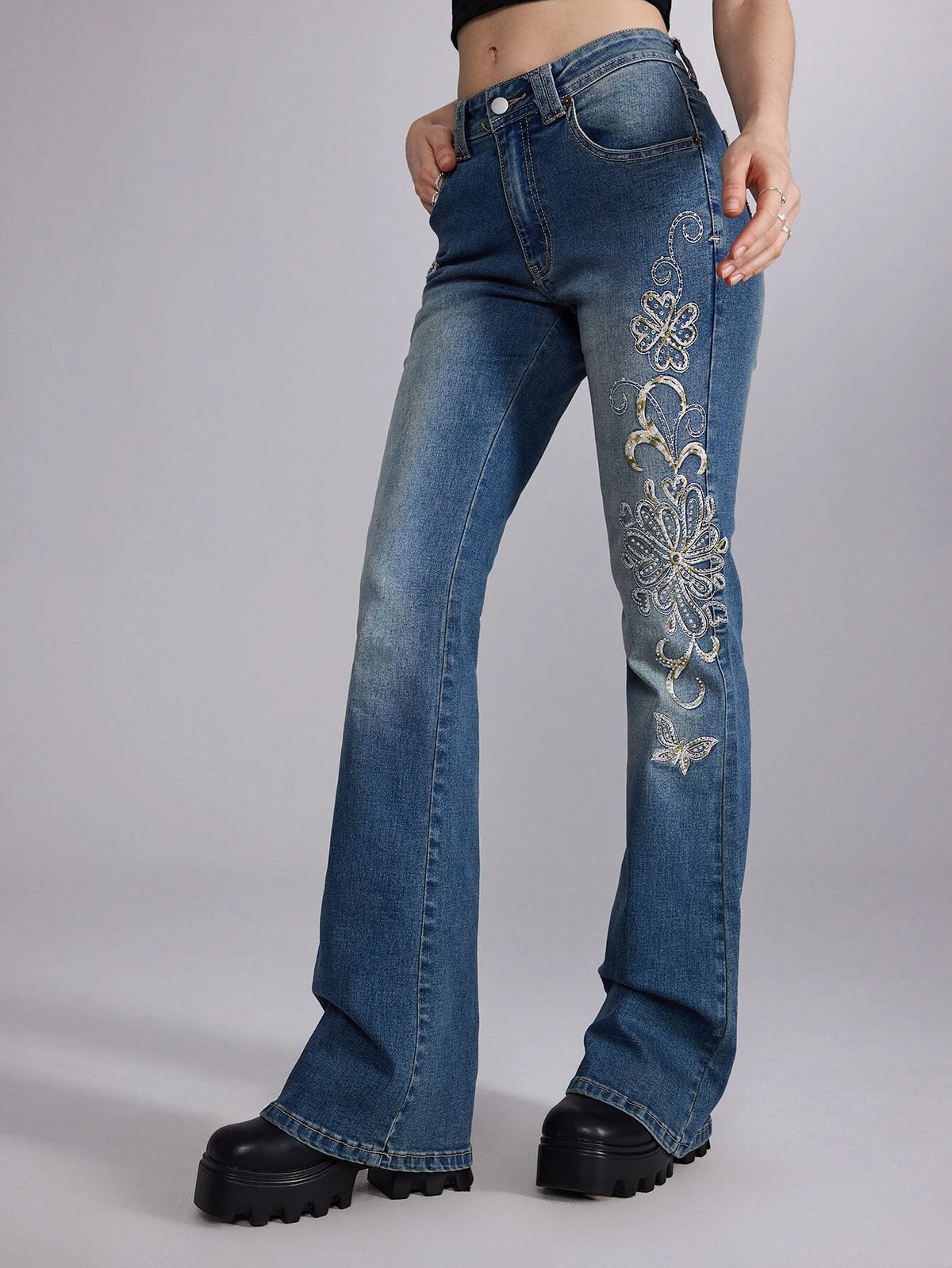 ROMWE Fairycore Butterfly Embroidery Jeans