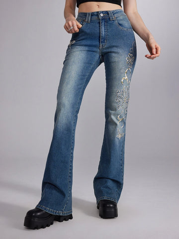 ROMWE Fairycore Butterfly Embroidery Jeans
