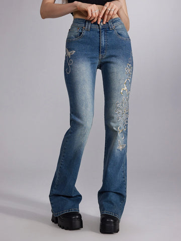 ROMWE Fairycore Butterfly Embroidery Jeans