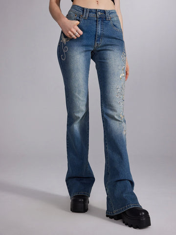 ROMWE Fairycore Butterfly Embroidery Jeans