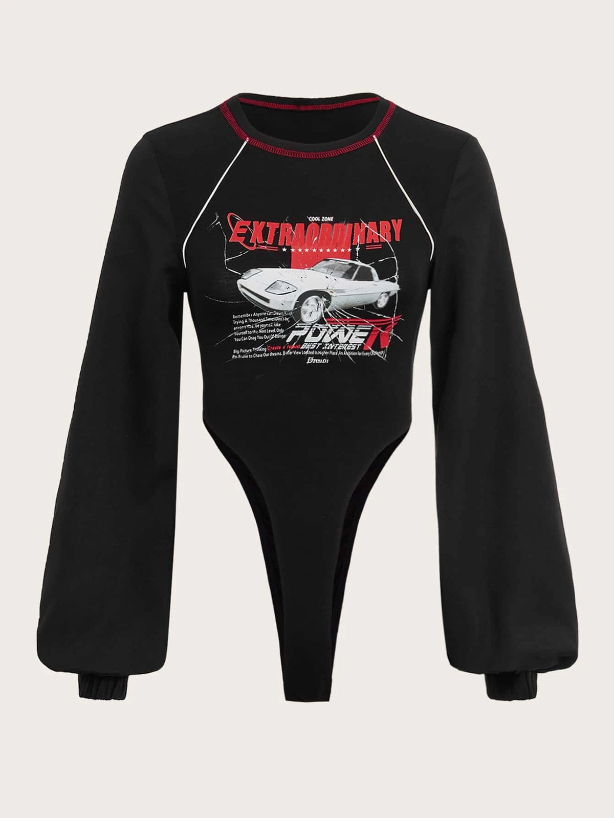Car & Letter Graphic Contrast Piping Lantern Sleeve Bodysuit