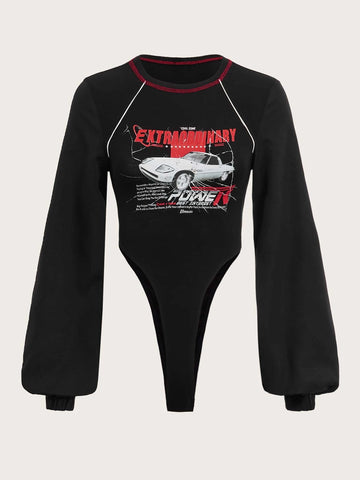 Car & Letter Graphic Contrast Piping Lantern Sleeve Bodysuit
