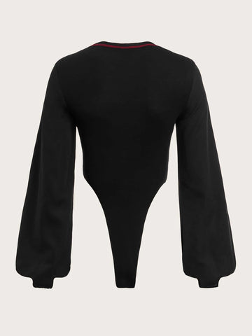 Car & Letter Graphic Contrast Piping Lantern Sleeve Bodysuit