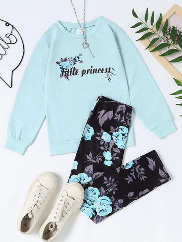 Girls Letter And Floral Print Pullover & Leggings
