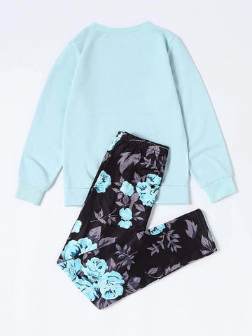 Girls Letter And Floral Print Pullover & Leggings