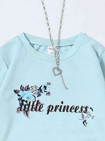 Girls Letter And Floral Print Pullover & Leggings