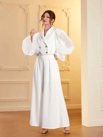 Modely Double Breasted Flounce Sleeve Top & Fold Pleated Wide Leg Pants