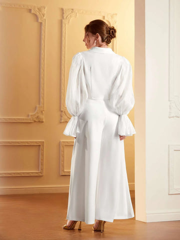 Modely Double Breasted Flounce Sleeve Top & Fold Pleated Wide Leg Pants