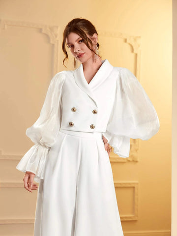 Modely Double Breasted Flounce Sleeve Top & Fold Pleated Wide Leg Pants