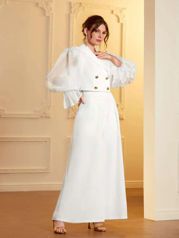 Modely Double Breasted Flounce Sleeve Top & Fold Pleated Wide Leg Pants