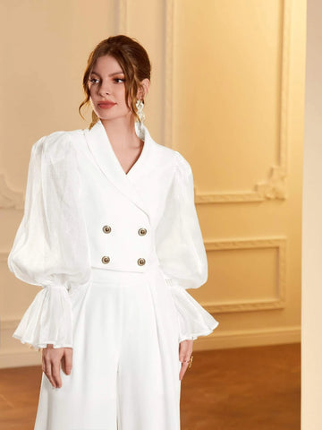 Modely Double Breasted Flounce Sleeve Top & Fold Pleated Wide Leg Pants