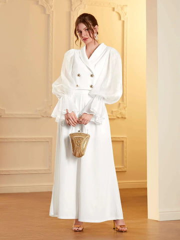 Modely Double Breasted Flounce Sleeve Top & Fold Pleated Wide Leg Pants