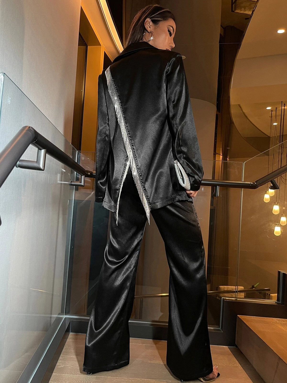 Fringe Trim Split Back Single Breasted Blazer & Pants