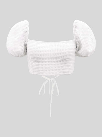 MOD Puff Sleeve Lace Up Backless Textured Crop Top