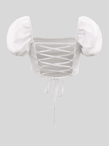 MOD Puff Sleeve Lace Up Backless Textured Crop Top