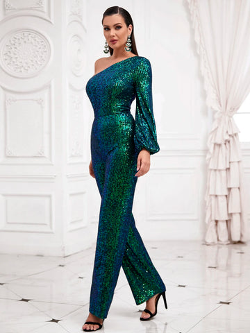 LOVE&LEMONADE One Shoulder Bishop Sleeve Sequin Jumpsuit