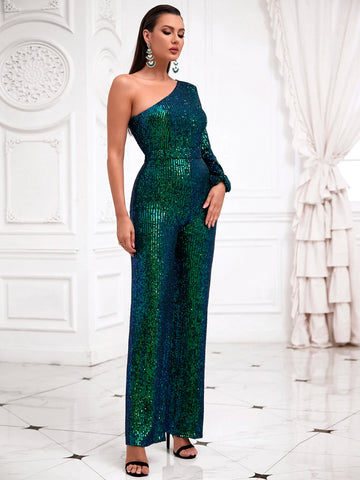 LOVE&LEMONADE One Shoulder Bishop Sleeve Sequin Jumpsuit