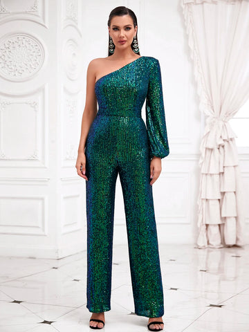 LOVE&LEMONADE One Shoulder Bishop Sleeve Sequin Jumpsuit