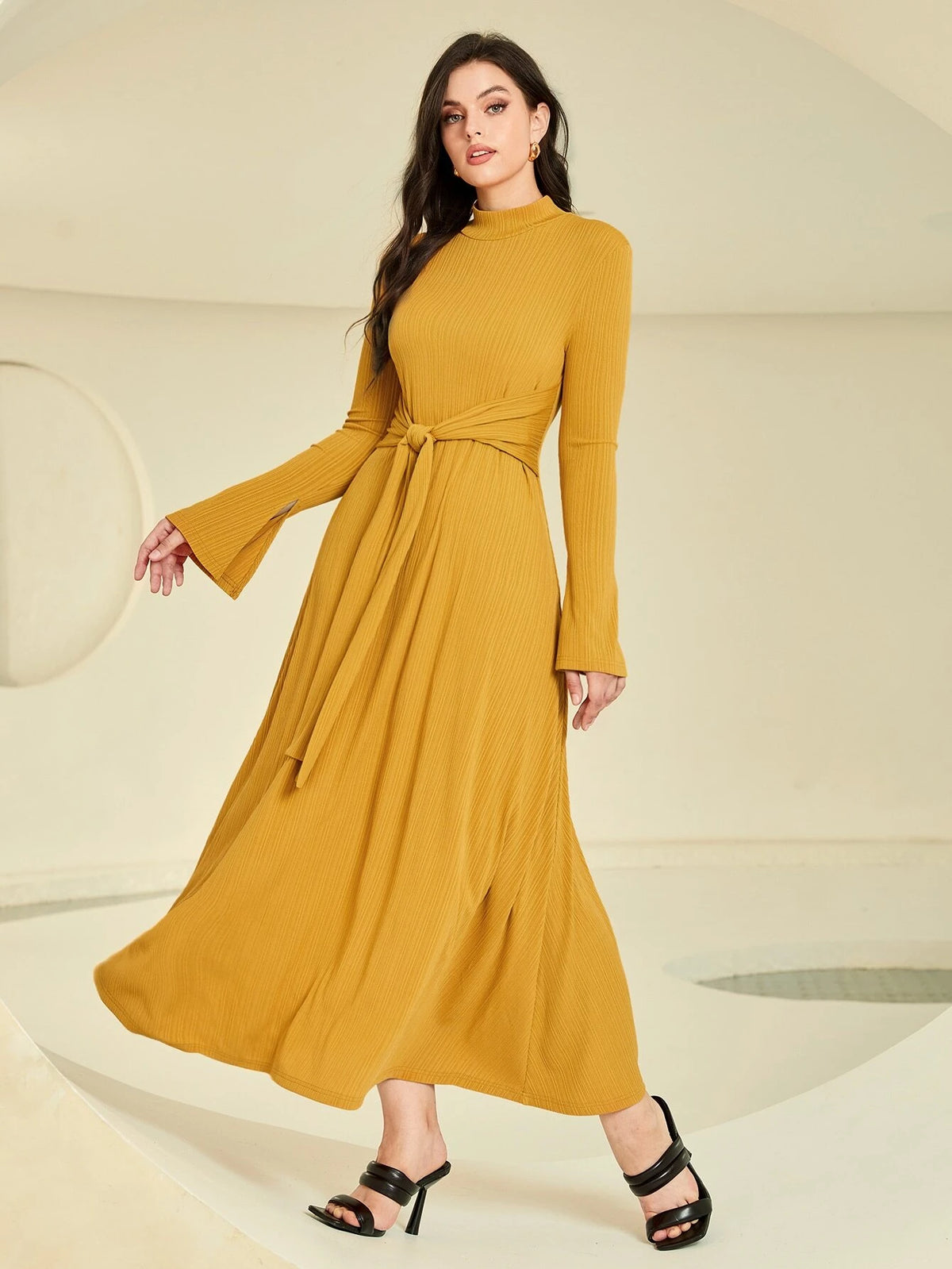 Mock Neck Flounce Sleeve Tie Front Dress