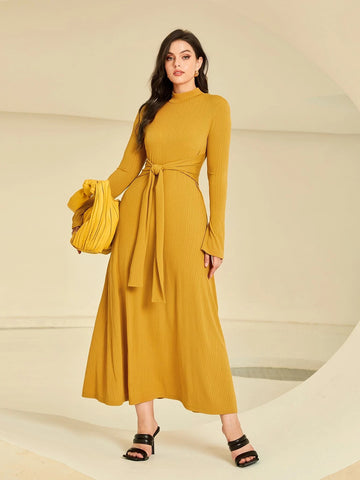 Mock Neck Flounce Sleeve Tie Front Dress