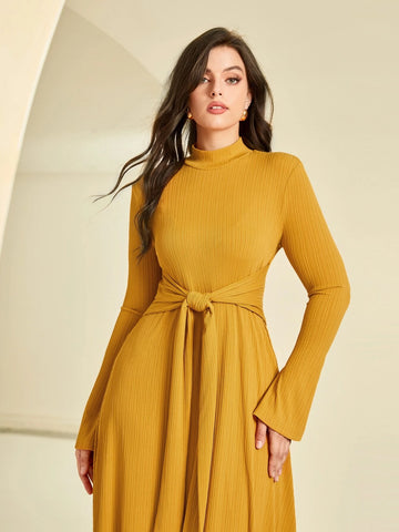 Mock Neck Flounce Sleeve Tie Front Dress