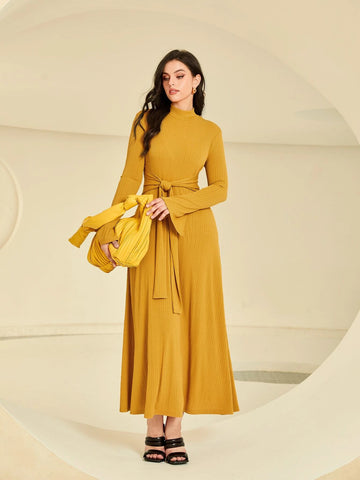 Mock Neck Flounce Sleeve Tie Front Dress