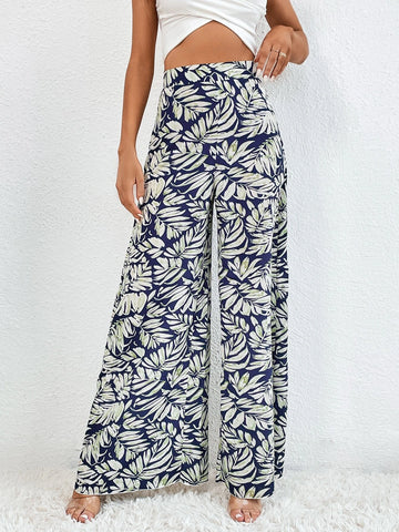 Tall Allover Plants Print Wide Leg Pants