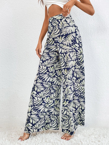 Tall Allover Plants Print Wide Leg Pants
