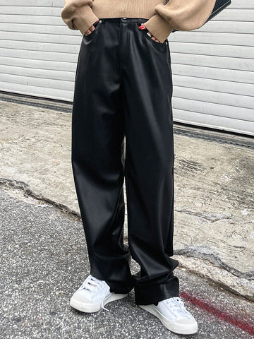DAZY High Waist Slant Pockets PU Pants