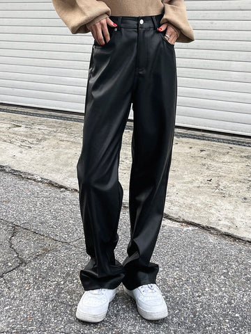 DAZY High Waist Slant Pockets PU Pants