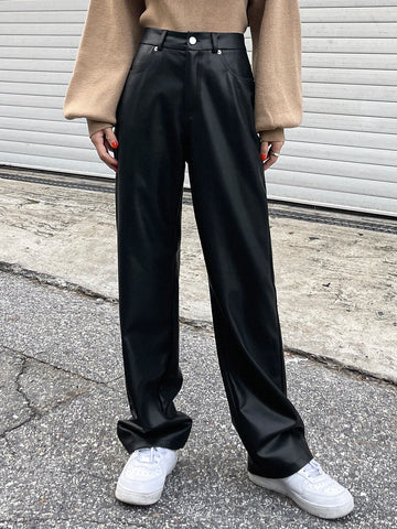 DAZY High Waist Slant Pockets PU Pants