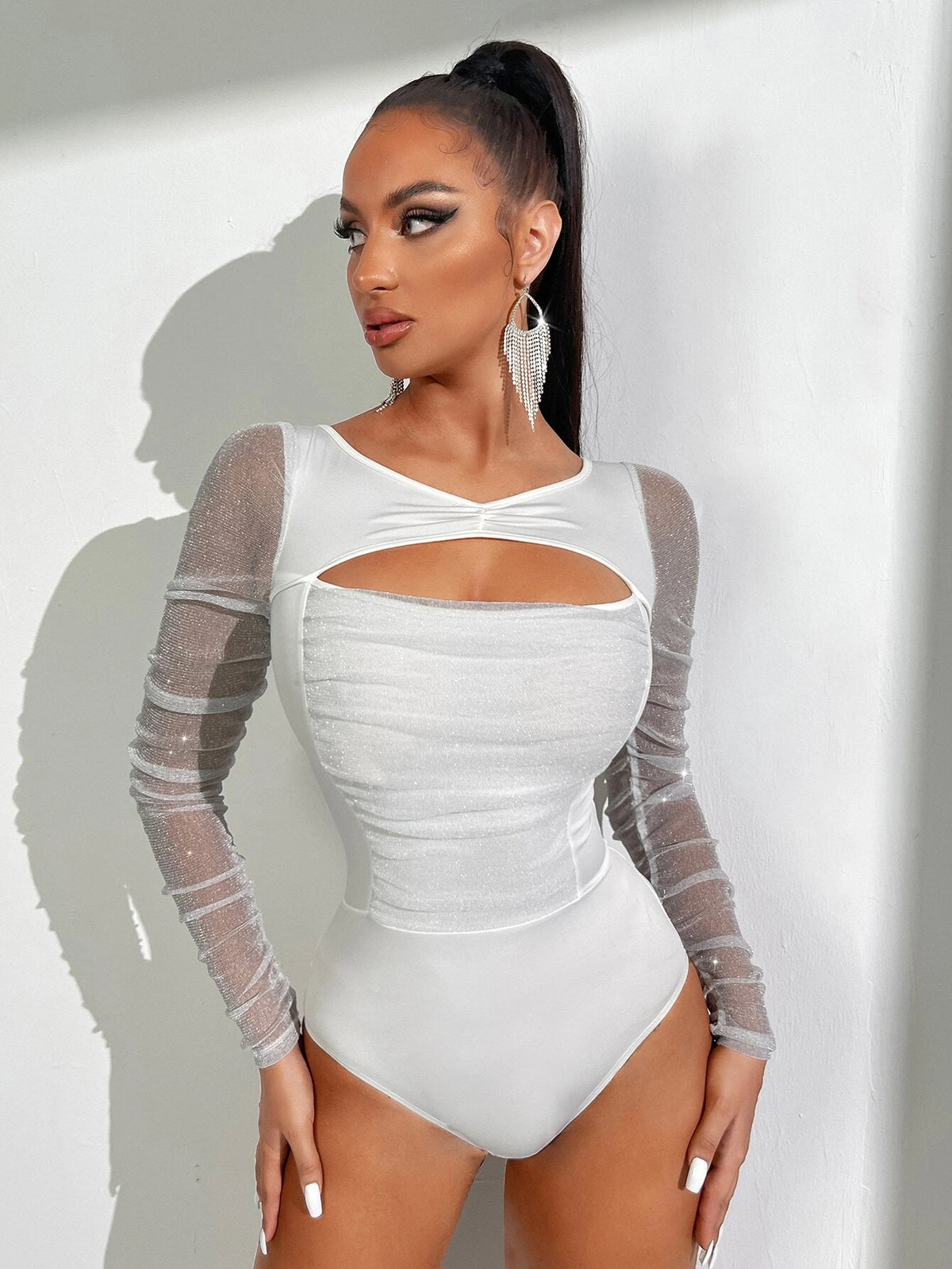 Cut Out Contrast Mesh Bodysuit
