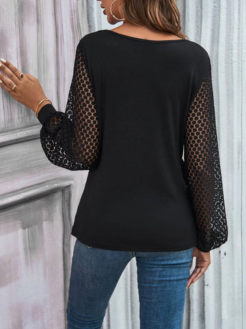 Contrast Lace Bishop Sleeve Wrap Cross Tee
