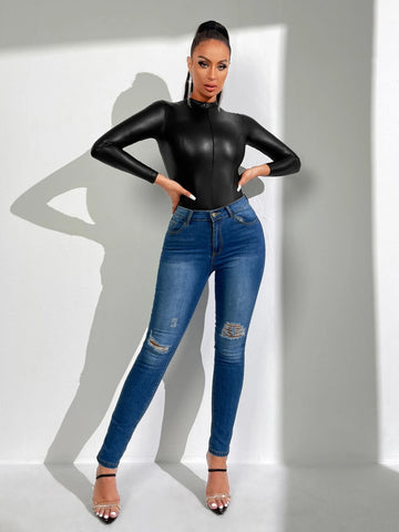 Plunging Neck PU Leather Bodysuit