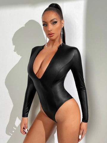 Plunging Neck PU Leather Bodysuit