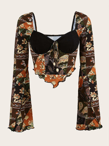 Grunge Floral Print Tie Front Flounce Sleeve Crop Tee
