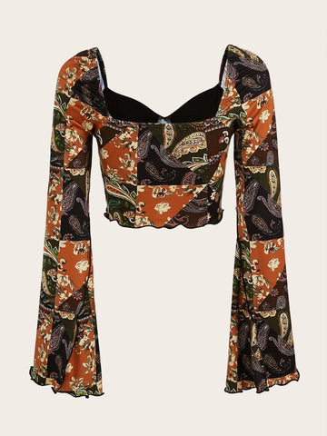 Grunge Floral Print Tie Front Flounce Sleeve Crop Tee