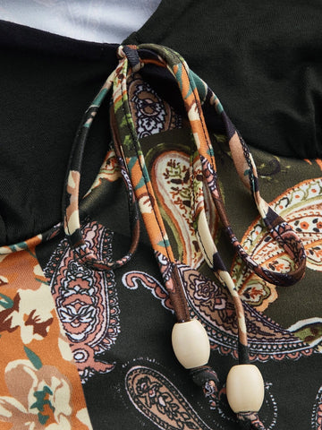 Grunge Floral Print Tie Front Flounce Sleeve Crop Tee