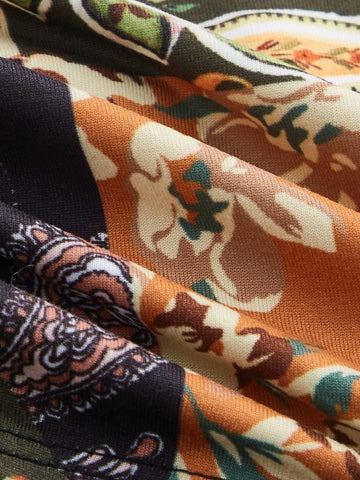 Grunge Floral Print Tie Front Flounce Sleeve Crop Tee