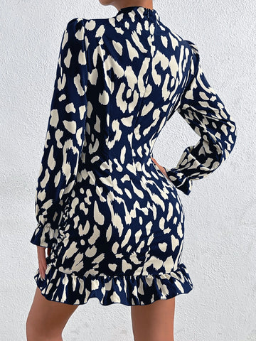 Allover Print Mock Neck Ruched Ruffle Hem Dress