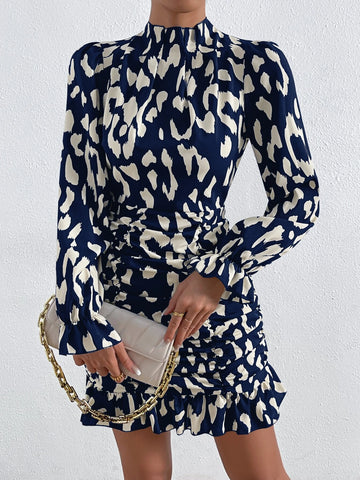 Allover Print Mock Neck Ruched Ruffle Hem Dress