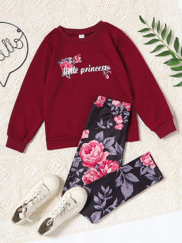Girls Letter And Floral Print Pullover & Leggings