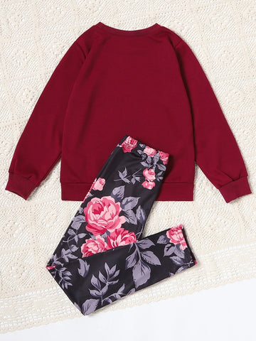 Girls Letter And Floral Print Pullover & Leggings