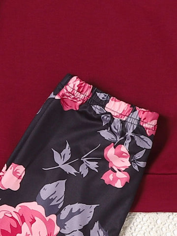 Girls Letter And Floral Print Pullover & Leggings