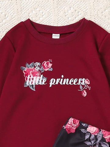 Girls Letter And Floral Print Pullover & Leggings