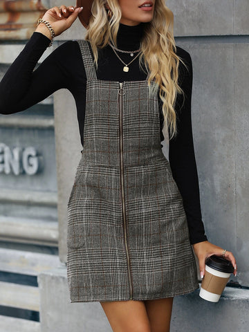 Zip Up Plaid Overall Dress