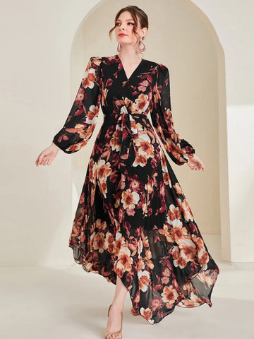 Floral Print Lantern Sleeve Hanky Hem Belted Dress
